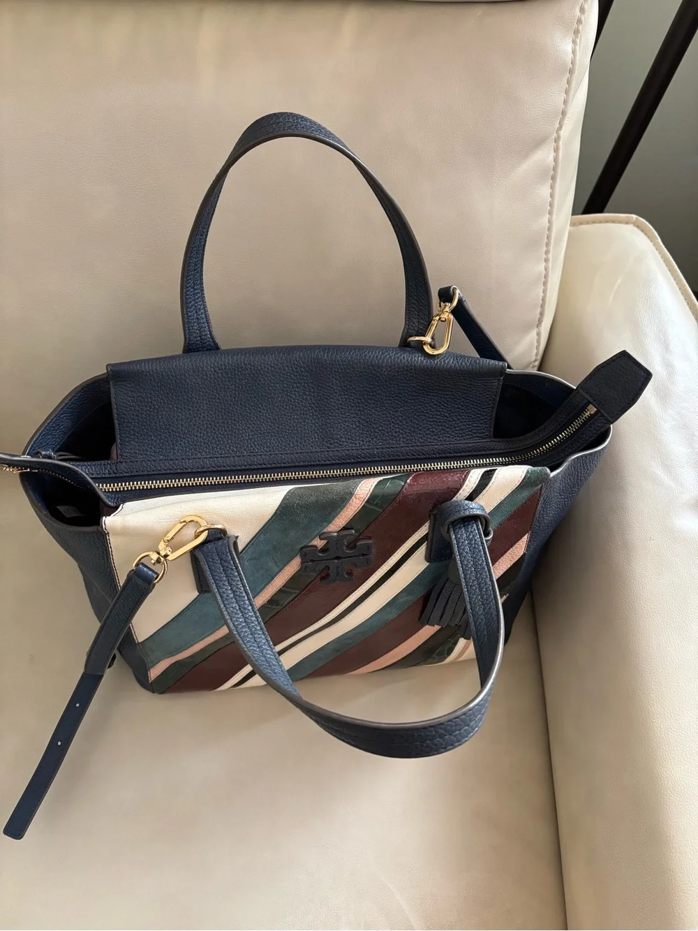 Tory Burch Striped Leather Crossbody Satchel - Navy, Cream, Pink & Burgundy